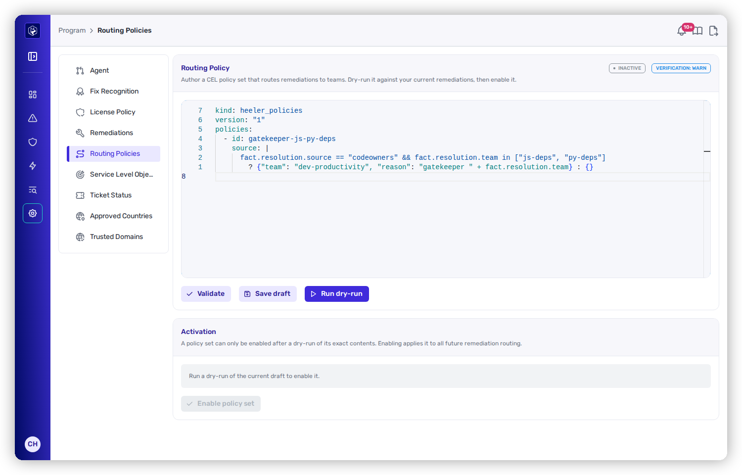 The Routing Policy editor showing a YAML policy set using CEL expressions, with Validate, Save draft, Run dry-run, and Enable policy set buttons.