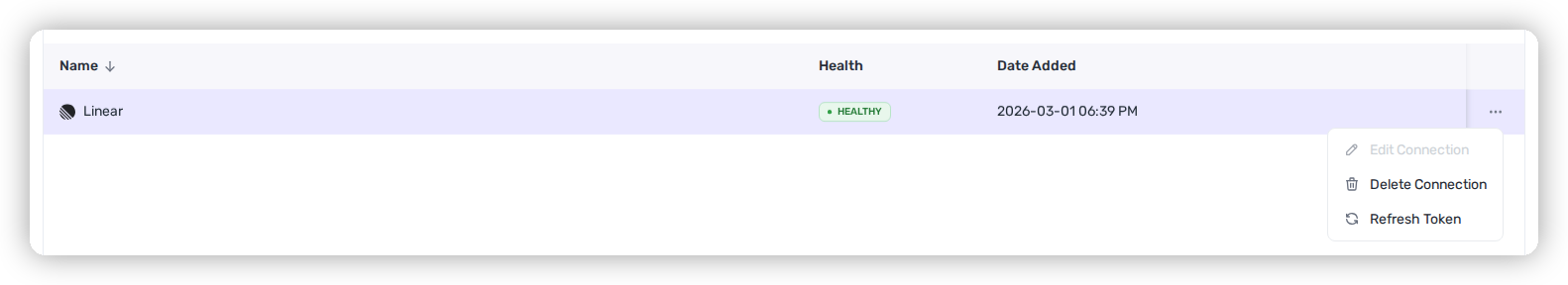The row action menu on the Linear integration with the Refresh Token option.