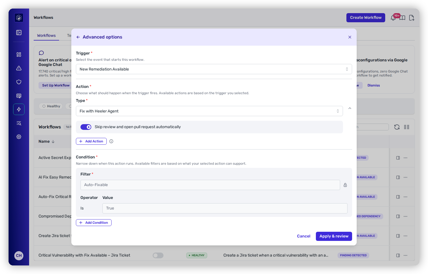 Advanced options with trigger New Remediation Available, action type Fix with Heeler Agent, the pull-request switch turned on, and a padlocked Auto-Fixable condition set to Is True.
