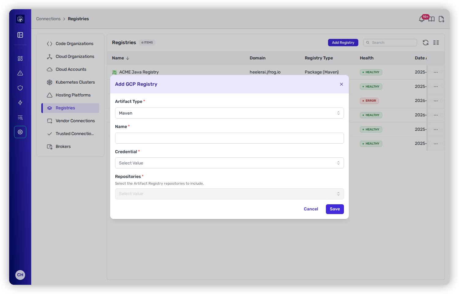The Add Registry modal for Google Cloud Platform, showing Artifact Type, Name, Credential, and a Repositories multi-select.