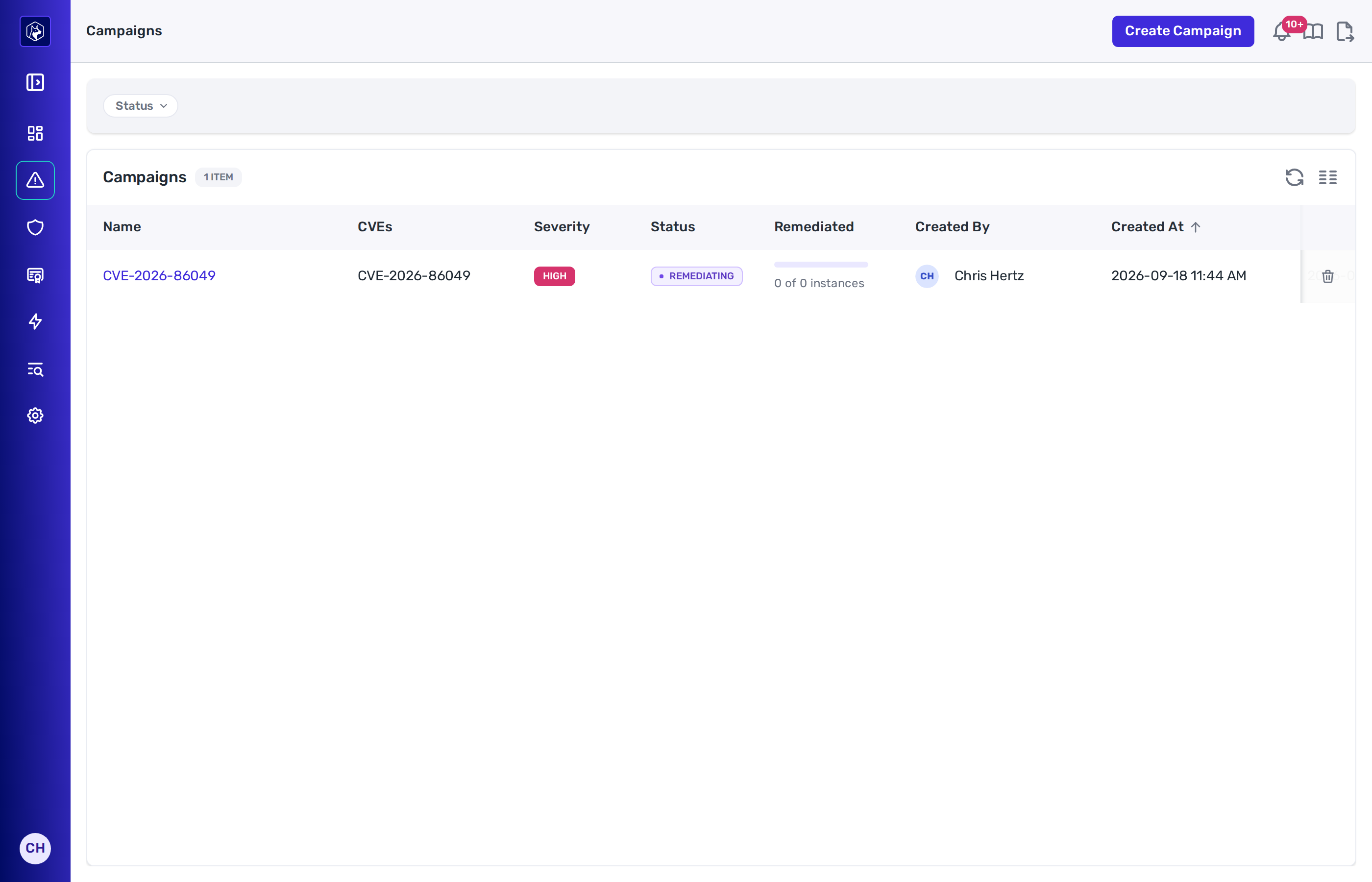 The Campaigns list, each row showing the campaign name, its CVEs, severity, status, remediated progress, who created it, when, and the target end date, with the Create Campaign button above.