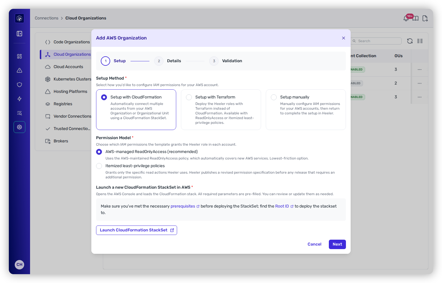 The Add AWS Organization wizard, Setup step, offering Setup with CloudFormation, Setup with Terraform, or Setup manually, with a Permission Model choice and a Launch CloudFormation StackSet button, ahead of Details and Validation steps.