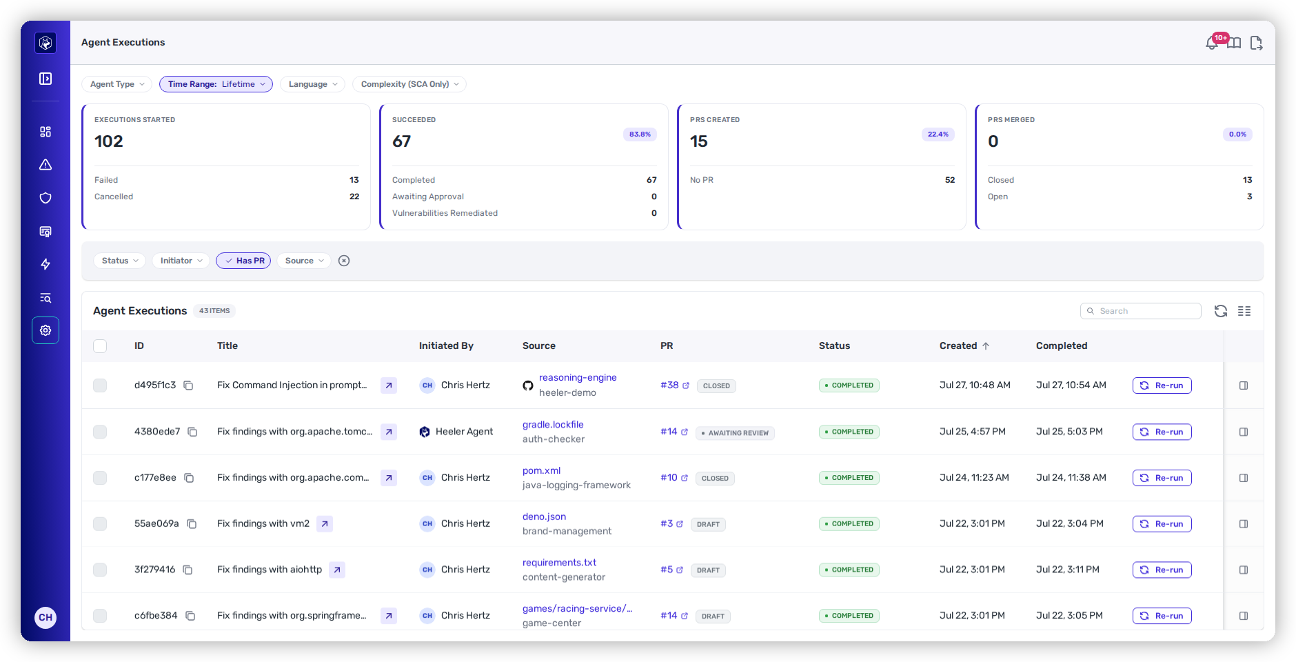 The Agent Executions page: filter pills across the top, then the Executions Started, Succeeded, PRs Created and PRs Merged cards with their sub-totals and rate badges, above the executions table filtered to runs that opened a pull request, with each PR link carrying a status chip such as Closed, Awaiting review, or Draft.