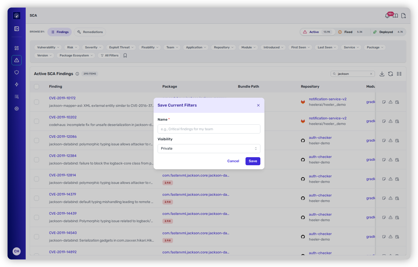 The Save Current Filters dialog with a name field and Private/Team/Organization visibility.