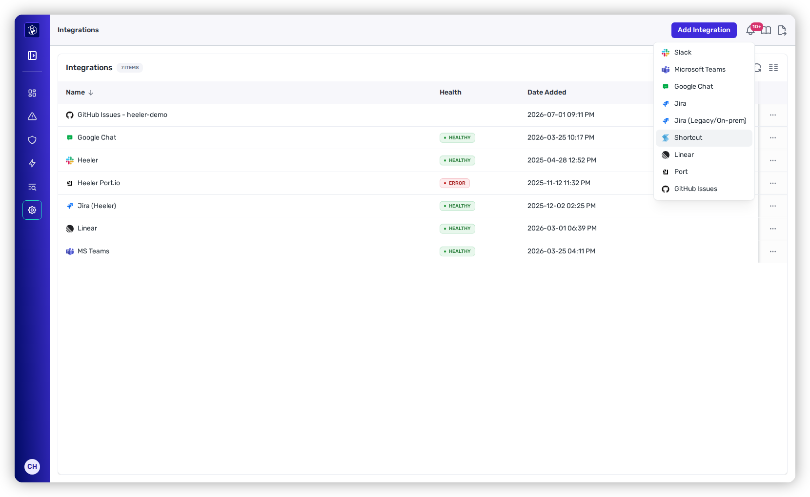 The Add Integration menu in Heeler with Shortcut selected.