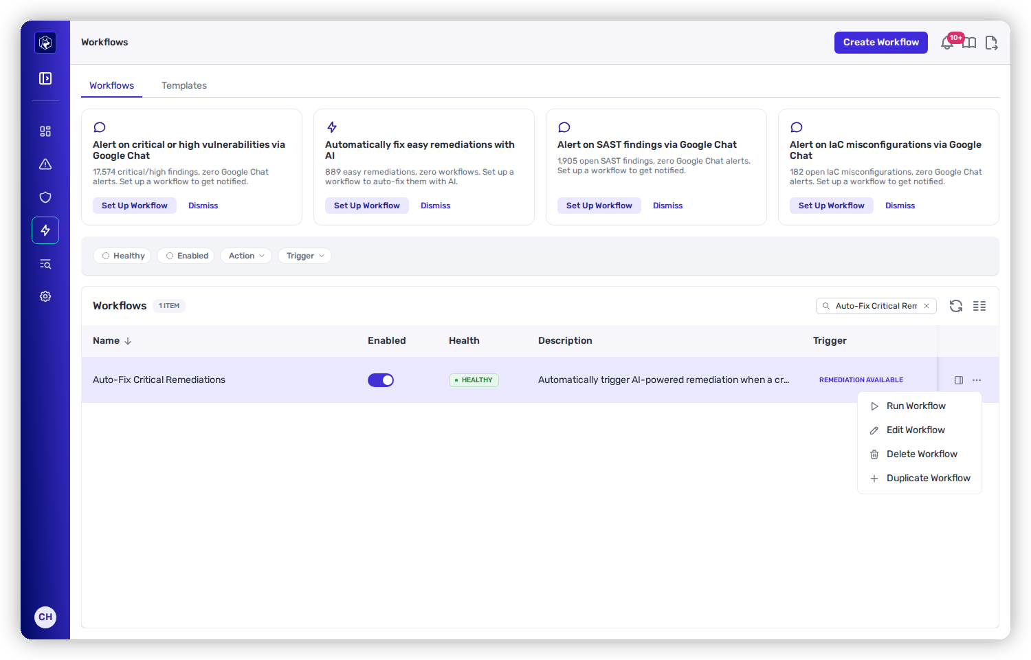 A workflow row's Actions menu open, listing Run Workflow, Edit Workflow, Delete Workflow, and Duplicate Workflow.