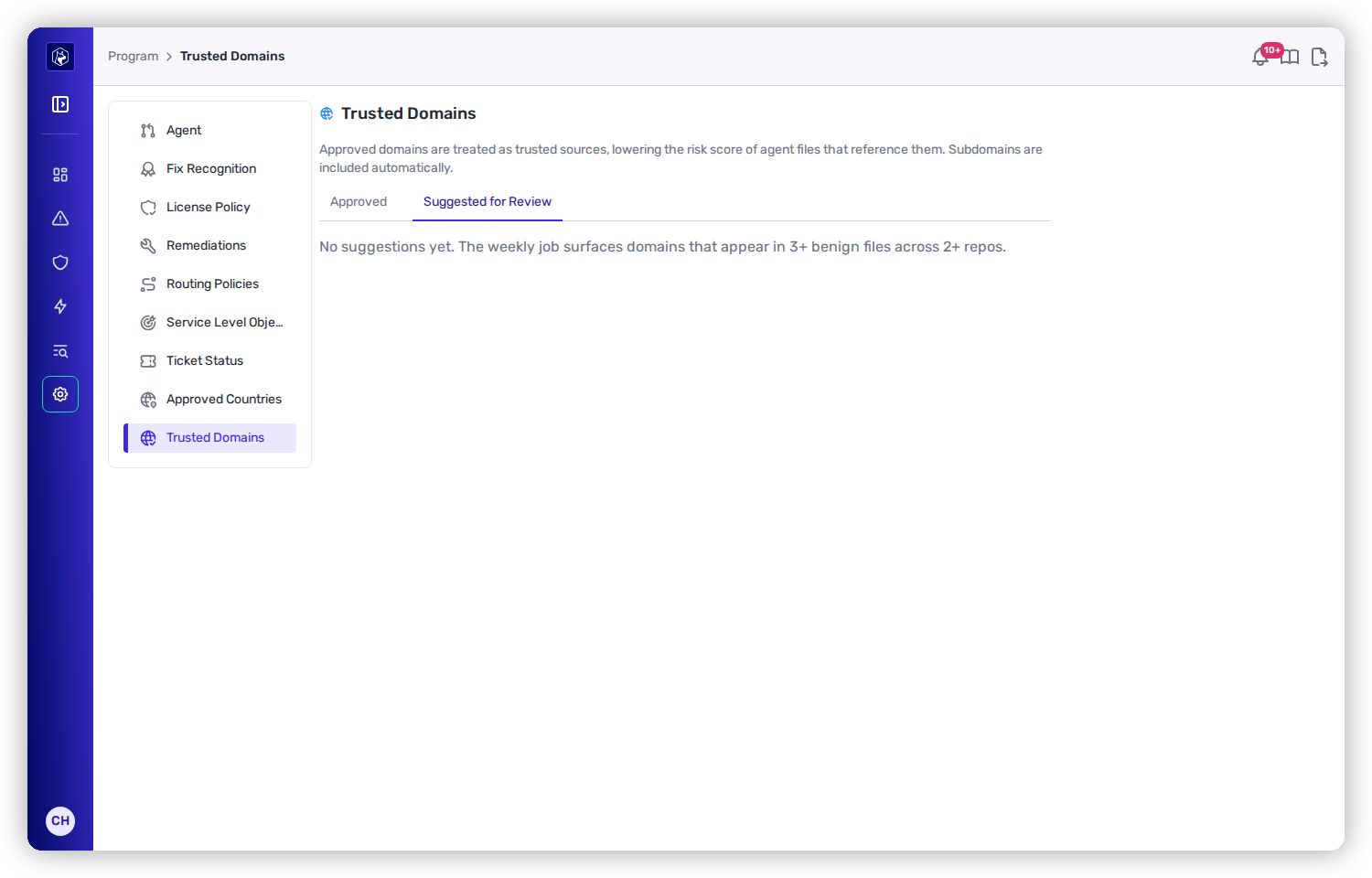 The Trusted Domains page on the Suggested for Review tab, explaining that a weekly job surfaces domains appearing in 3+ benign files across 2+ repos.