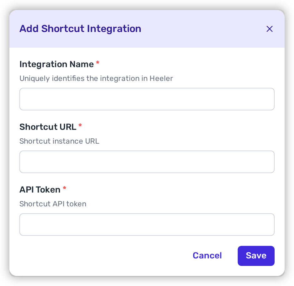 The Add Shortcut integration modal with Name, Shortcut URL, and API Token fields.