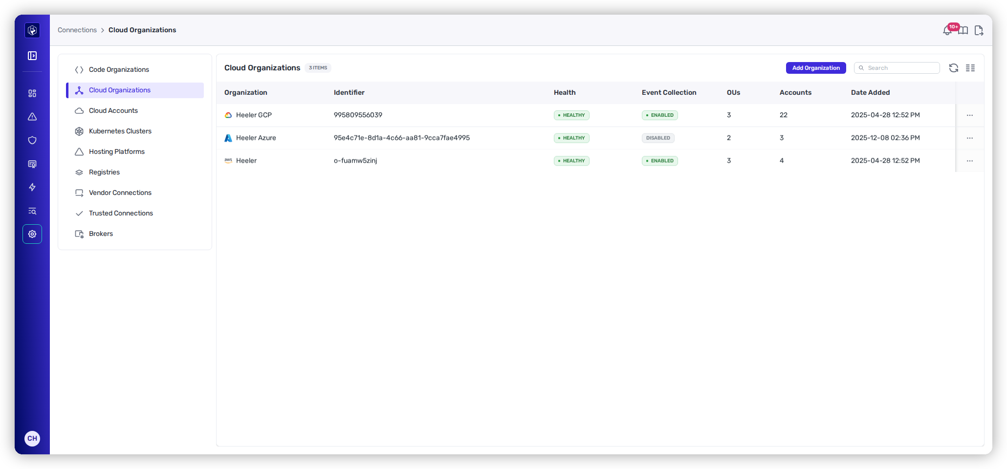 The Cloud Organizations list showing GCP, Azure, and AWS organizations with Health, Event Collection, OUs, and Accounts columns.