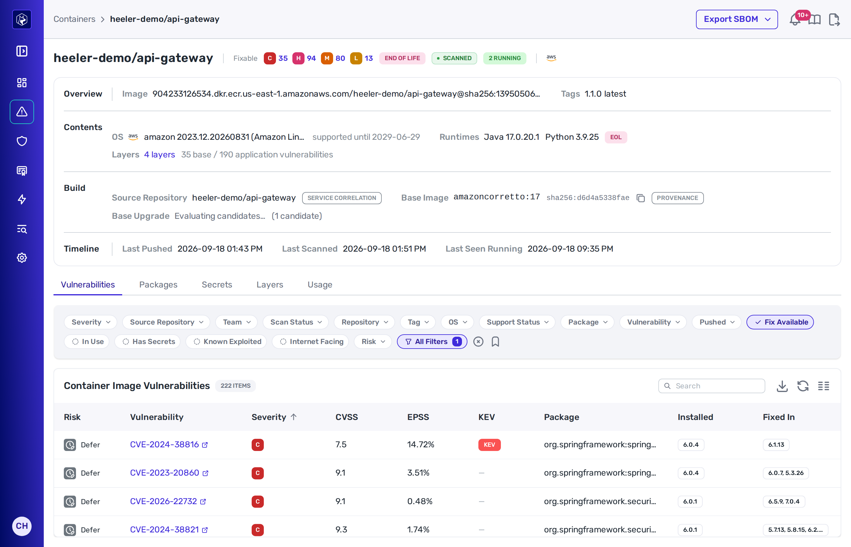 A container image detail page: the repository name with Fixable severity badges, an end-of-life badge, a scan badge and a running badge, above the Overview, Contents, Build and Timeline blocks, then the Vulnerabilities, Packages, Secrets, Layers and Usage tabs with the Vulnerabilities list open.