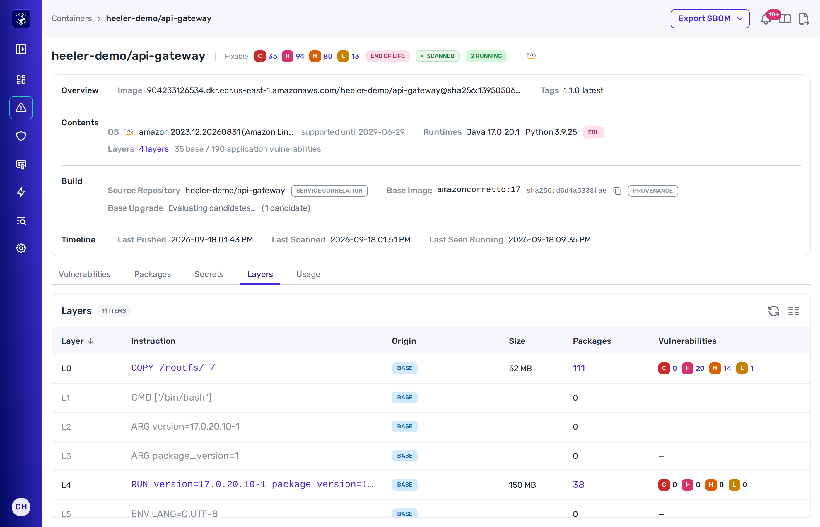 The Layers tab of a container image, listing each layer by index with its build instruction, a Base badge in the Origin column, its size, its package count and its per-severity vulnerability counts.