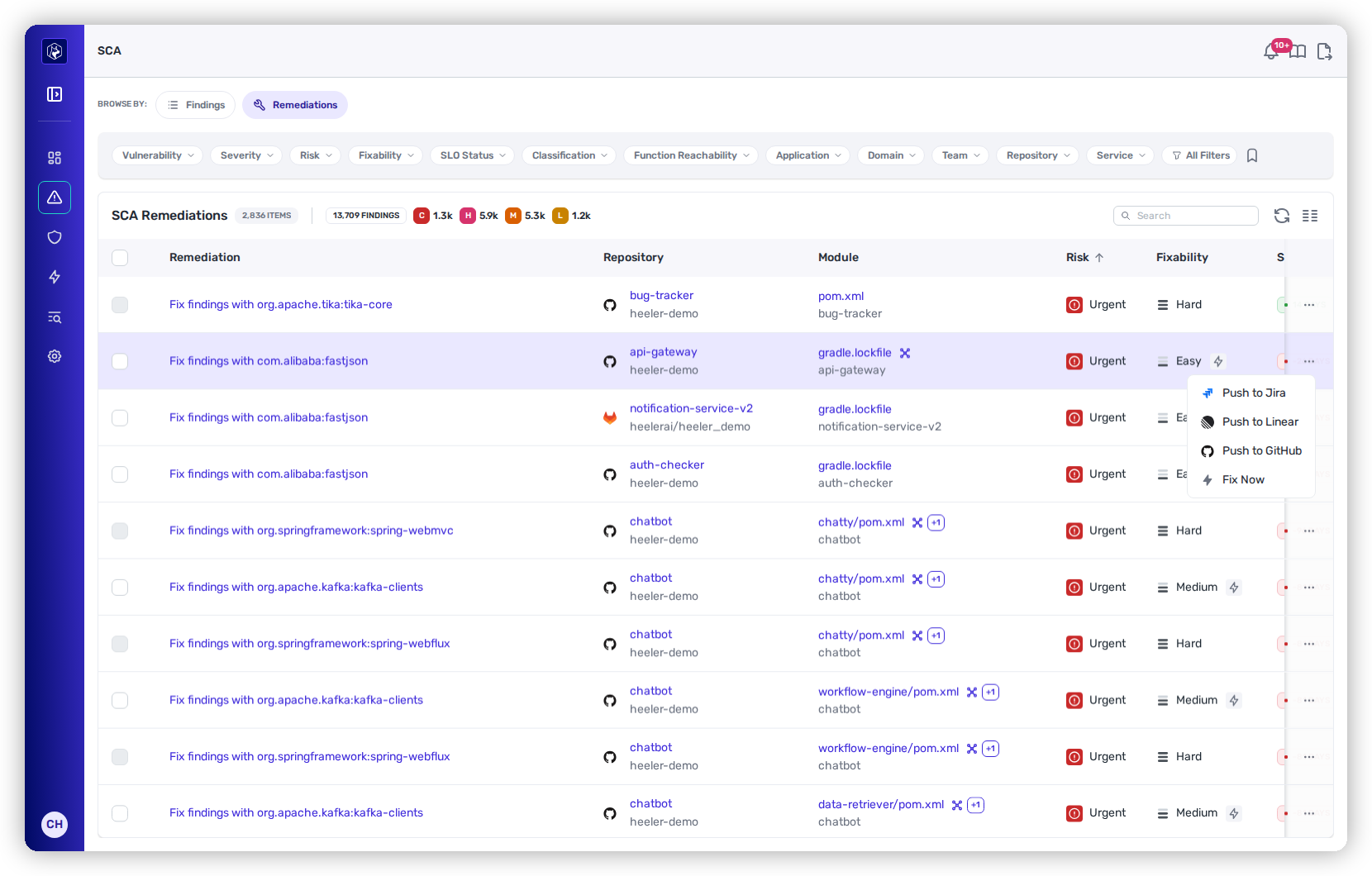 The remediation row menu with Push to Jira/Linear/GitHub and Fix Now.
