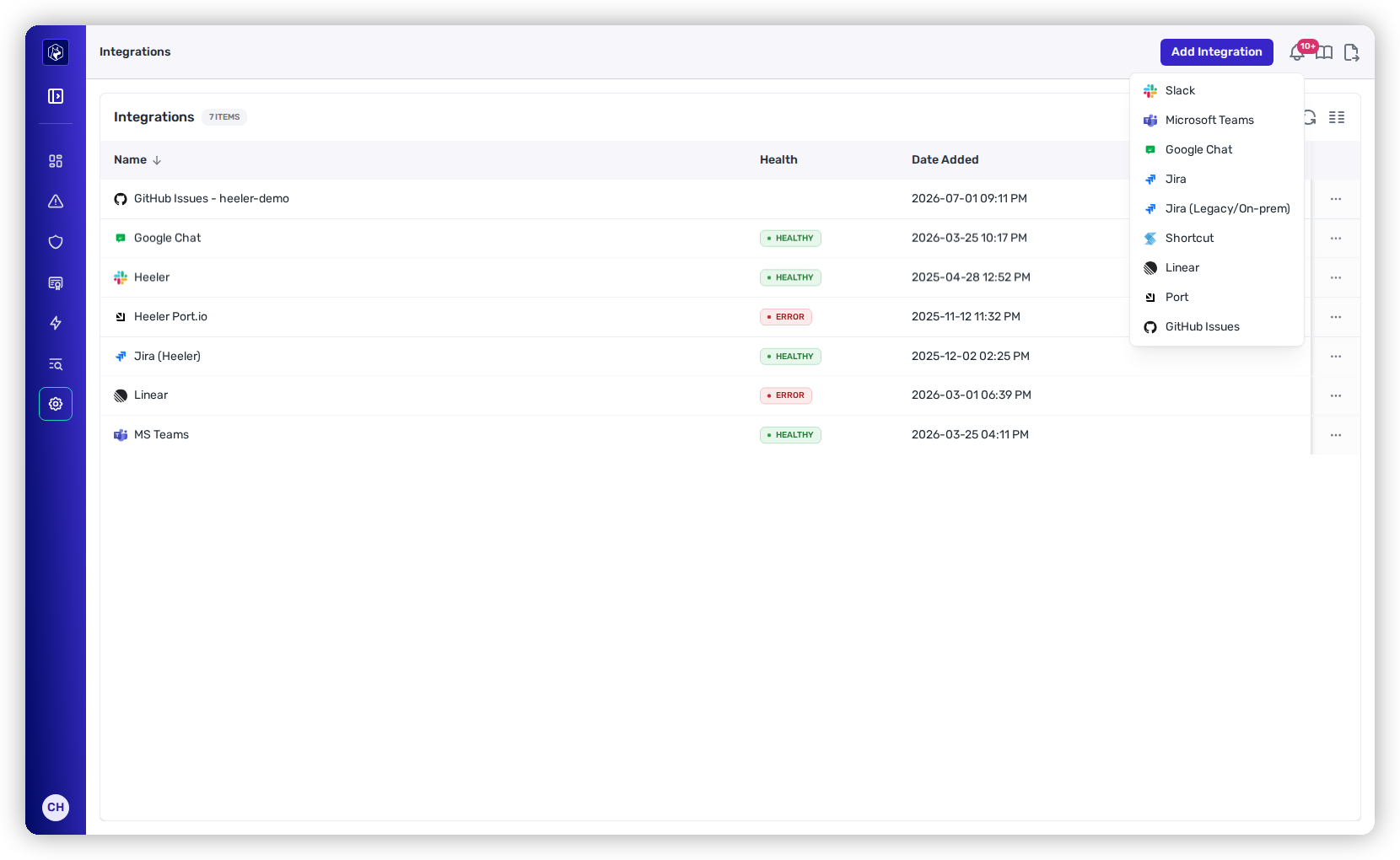 The Add Integration menu open on the Integrations page, with Slack at the top of the provider list.
