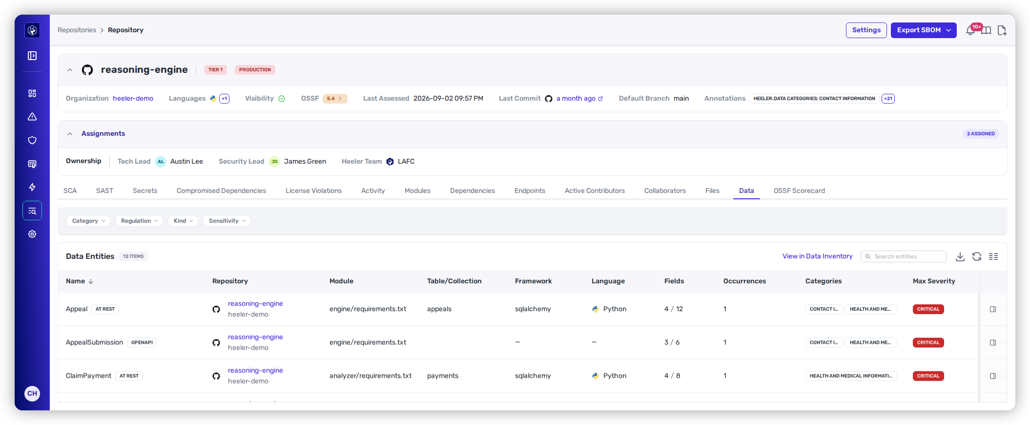 The Data tab on a repository, with Category, Regulation, Kind and Sensitivity filters above a Data Entities table listing each entity's module, table, framework, classified fields, categories and max severity.