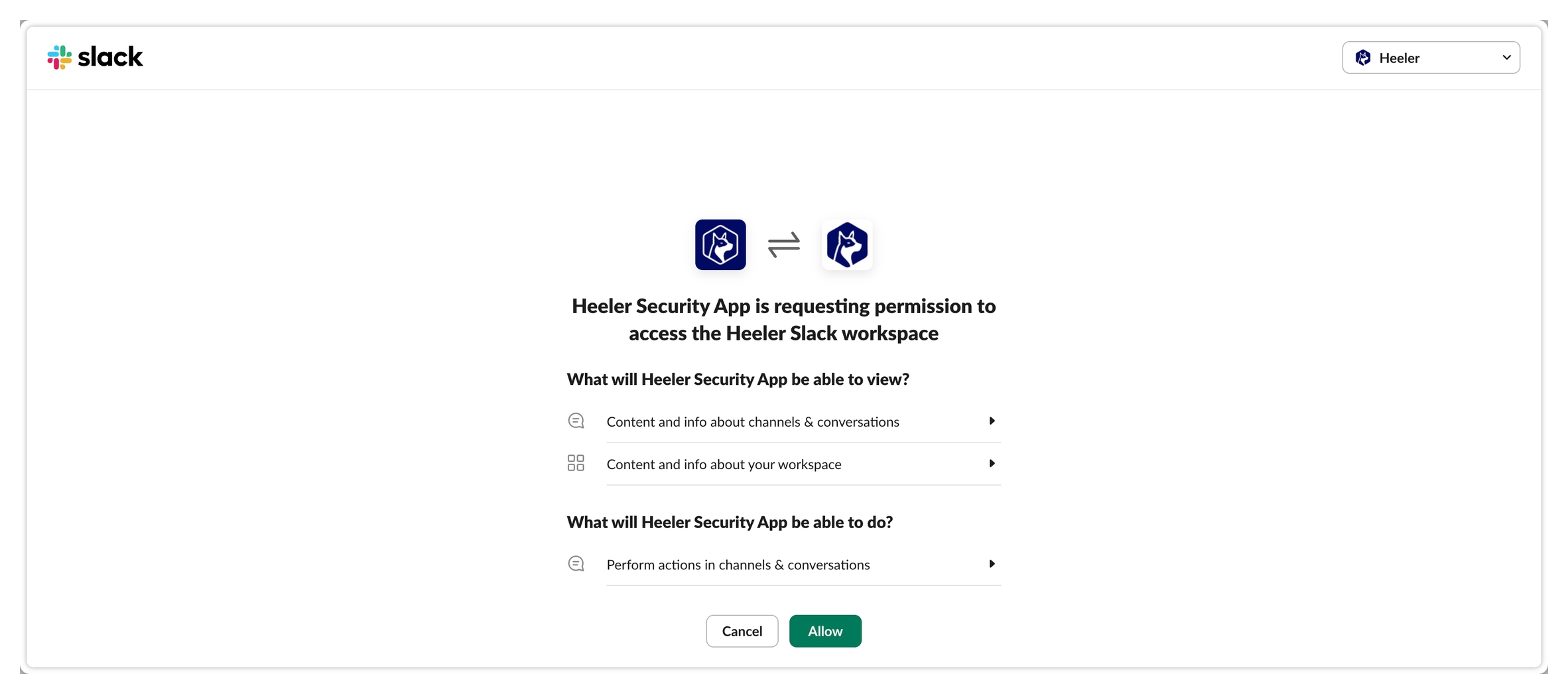 Slack's permission screen: Heeler Security App is requesting permission to access the workspace, with view/do sections and an Allow button.