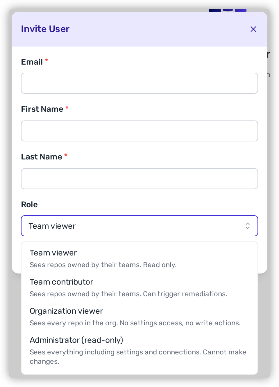 The Invite User dialog with the Role dropdown open, listing each role with a one-line description of what it can see and do; the list scrolls