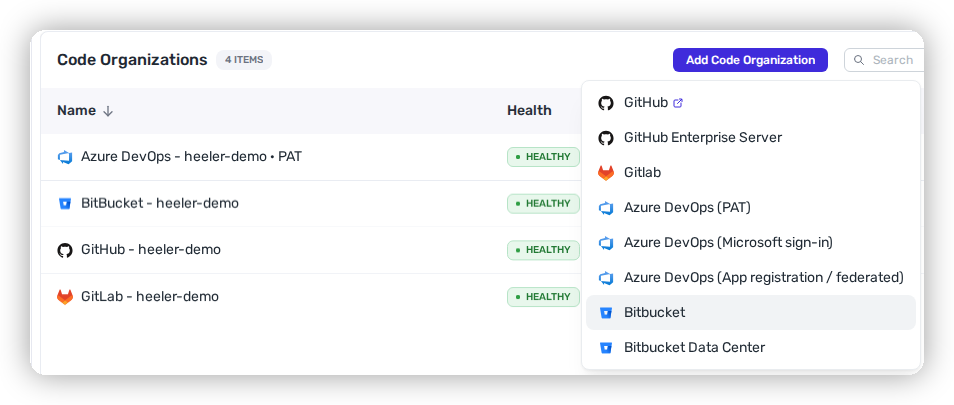 The Code Organizations settings page with the Add Code Organization button.