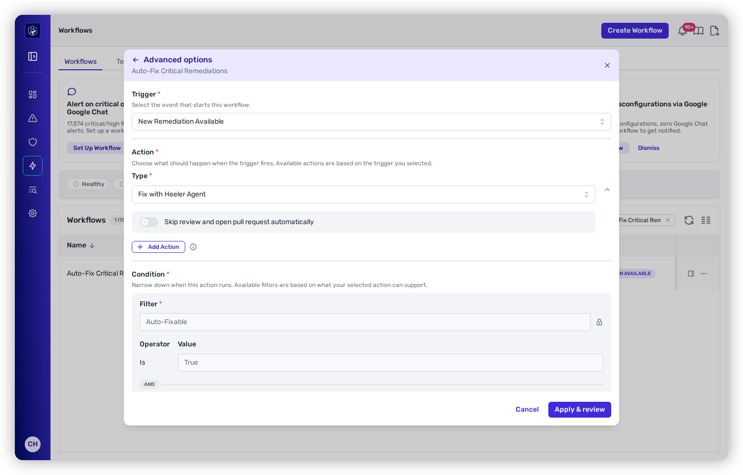 A Fix with Heeler Agent action showing its pull-request toggle.