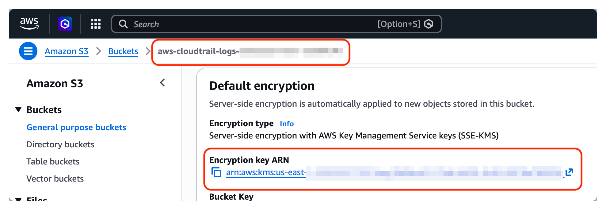 The AWS S3 bucket default-encryption panel showing the CloudTrail bucket name and its SSE-KMS encryption key ARN.