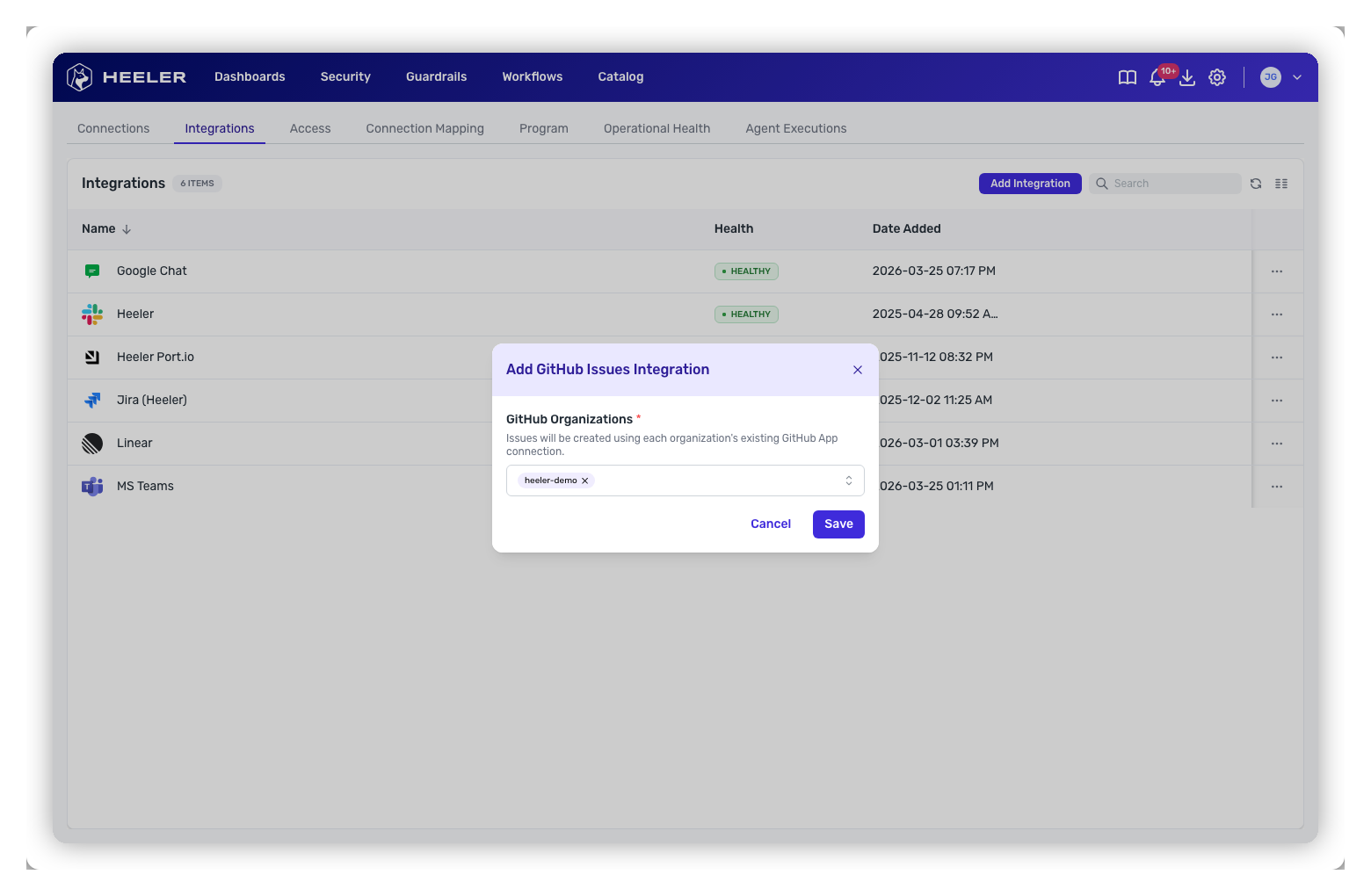 The Add GitHub Issues Integration modal with a GitHub Organizations multi-select.
