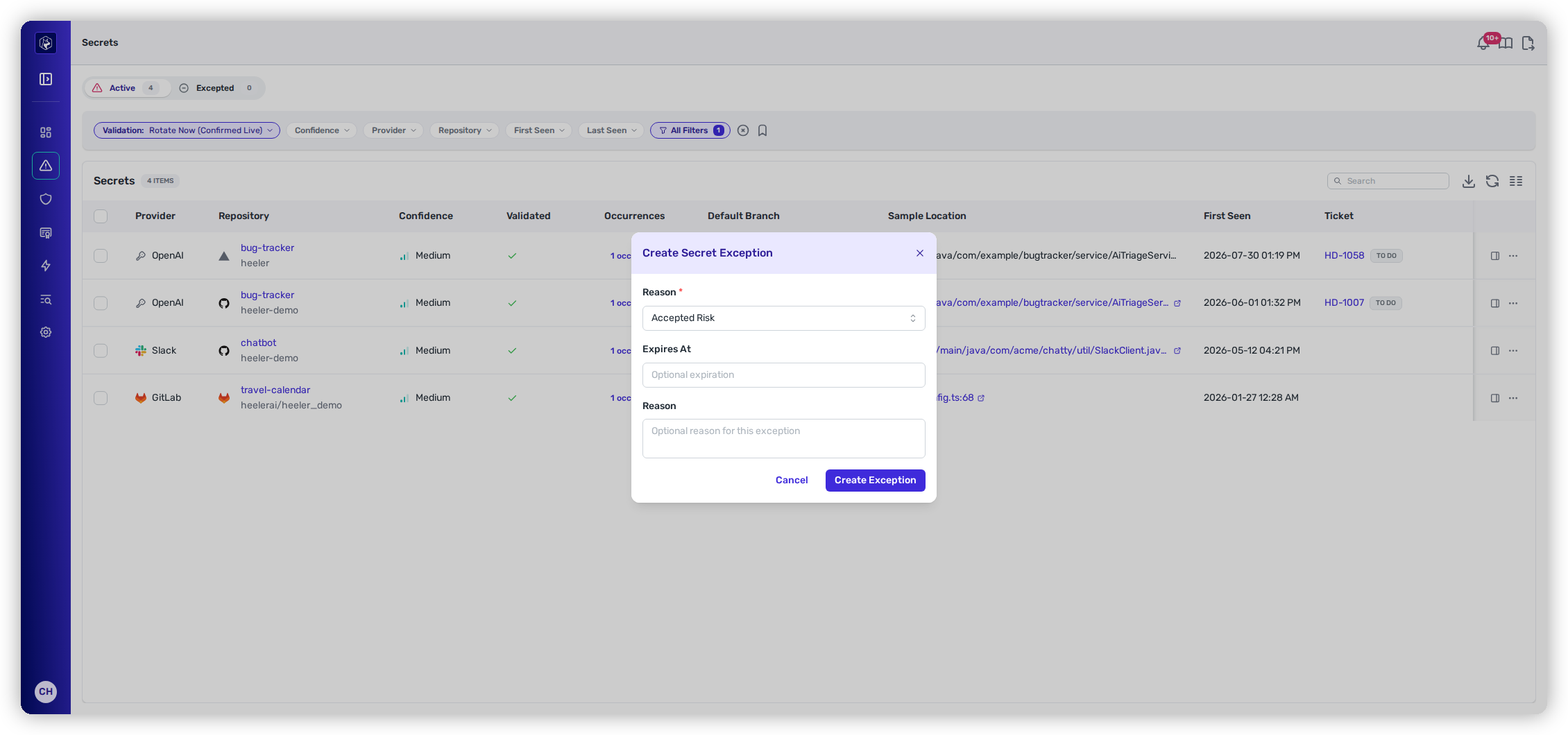 The Create Secret Exception modal defaulting to Accepted Risk.
