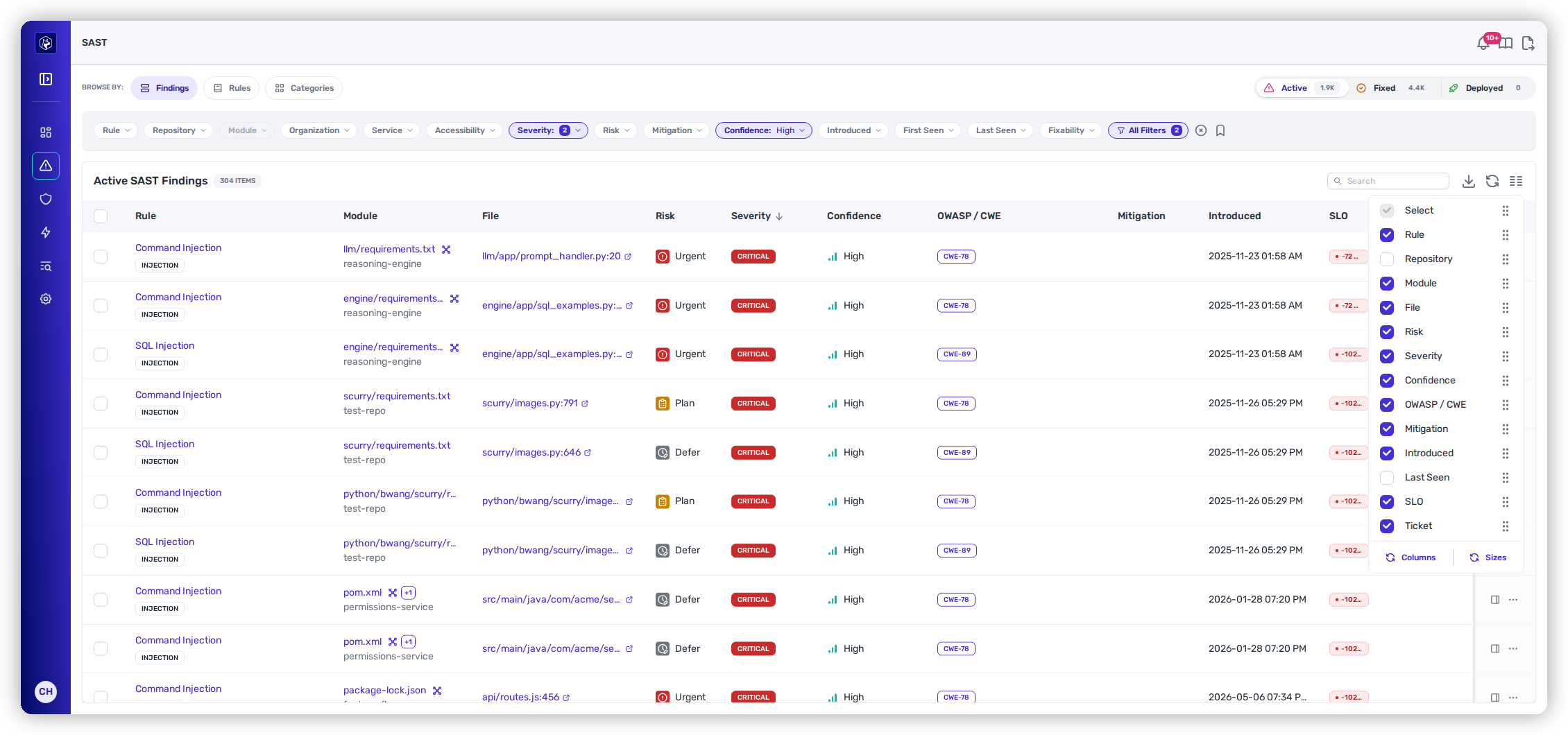 The SAST Manage Columns panel.