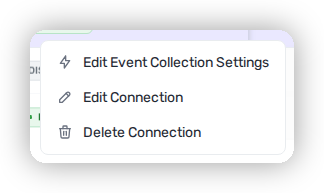 The Cloud Organizations row overflow menu in Heeler showing Edit Event Collection Settings, Edit Connection, and Delete Connection.