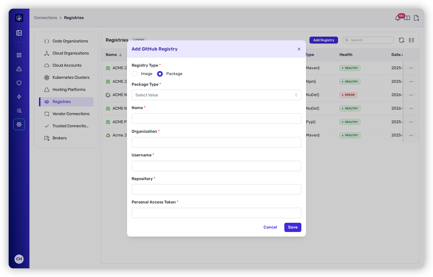 The Add Registry modal for GitHub with Registry Type set to Package, showing Package Type, Name, Organization, Username, Repository, and Personal Access Token fields.
