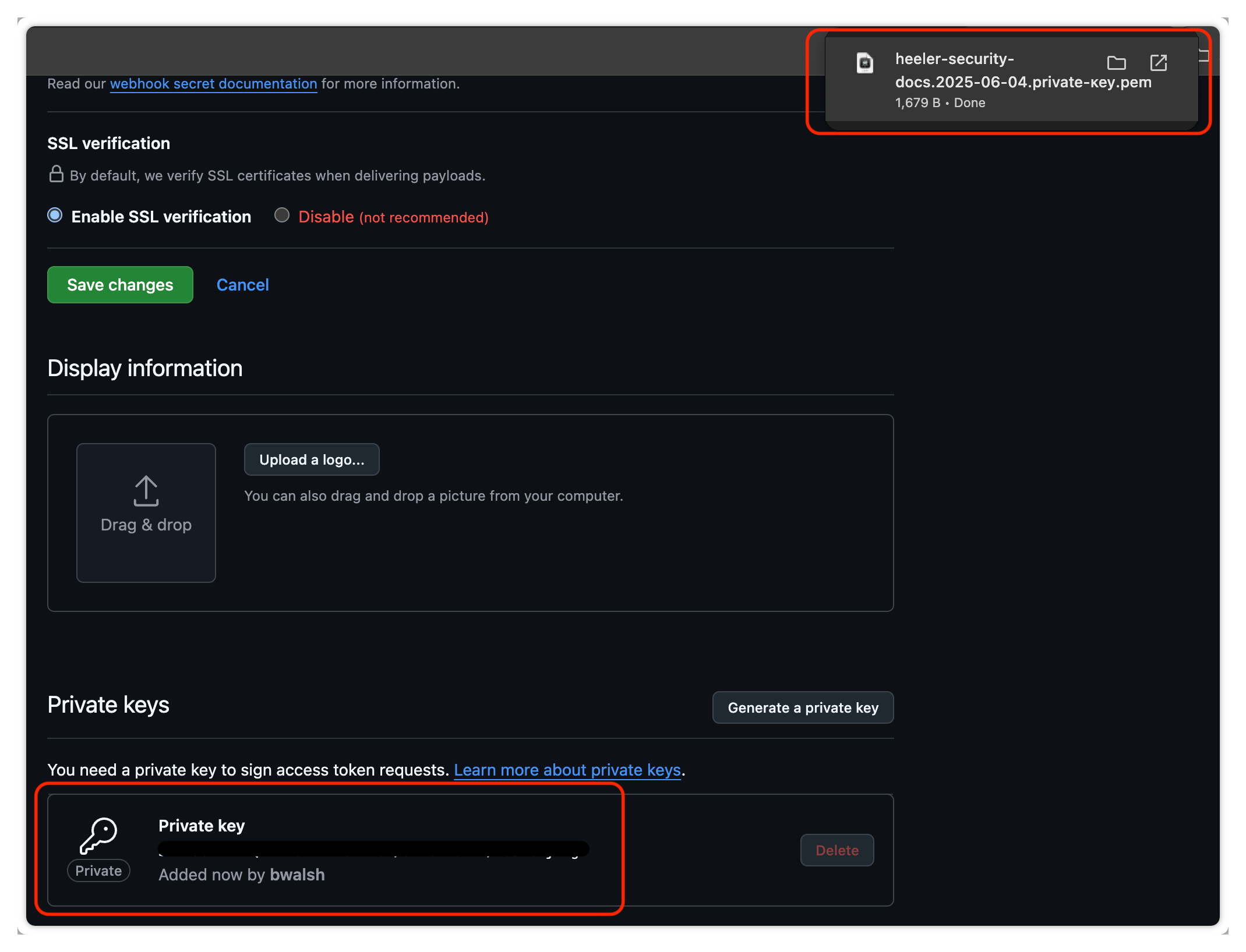 Confirmation that the private key .pem file has downloaded.