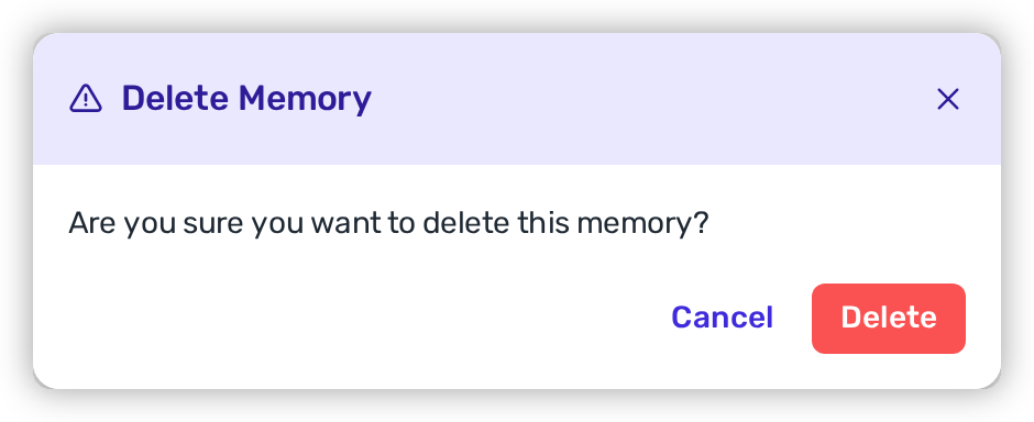 The Delete Memory confirmation dialog asking whether you are sure you want to delete this memory, with Cancel and Delete buttons.