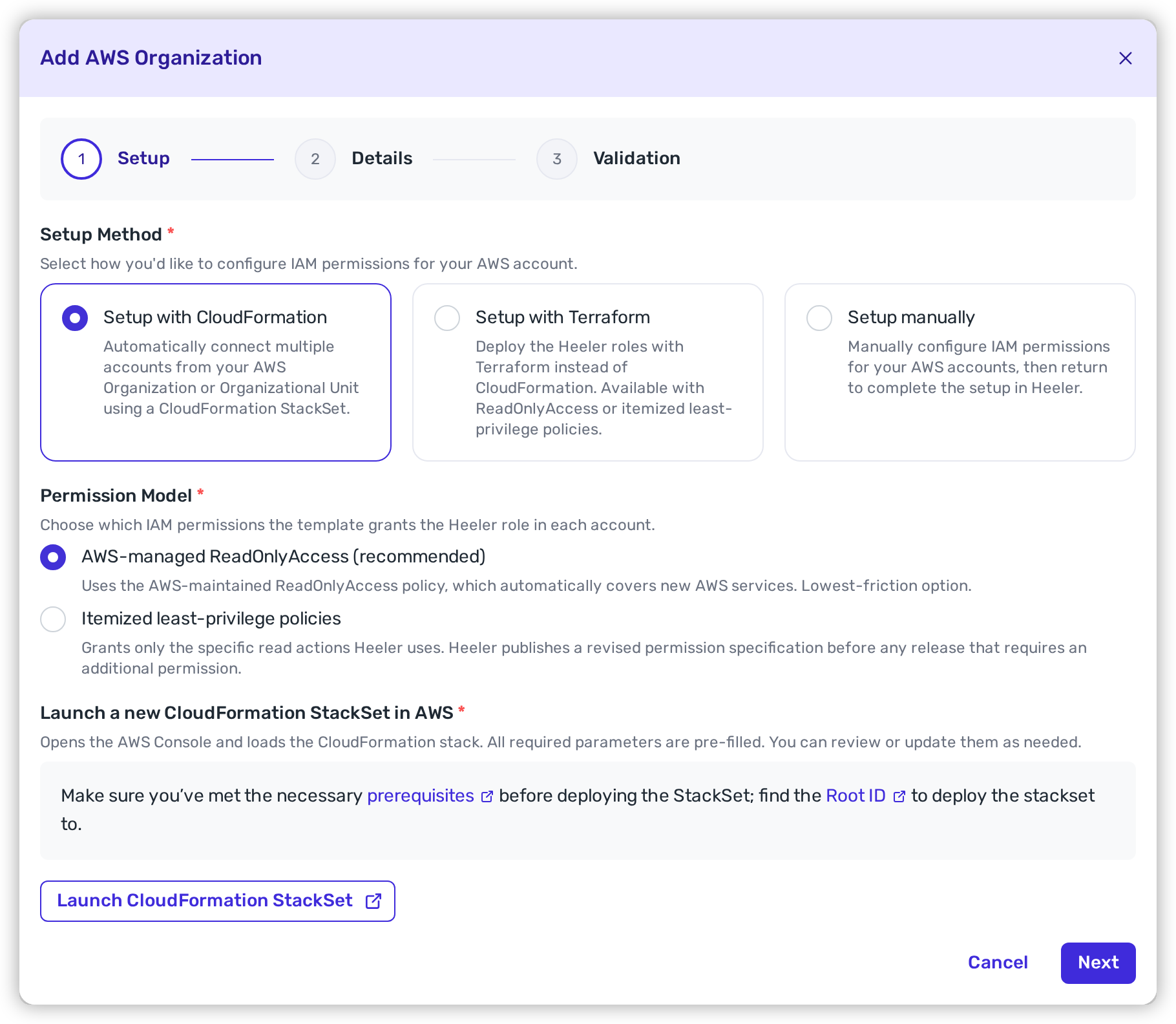 The Add AWS Organization wizard with Setup with CloudFormation selected, the Permission Model choice, and a Launch CloudFormation StackSet button, plus links to the prerequisites and Root ID.