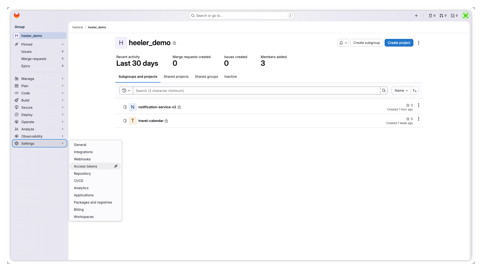 GitLab group Settings with Access tokens selected in the left navigation.