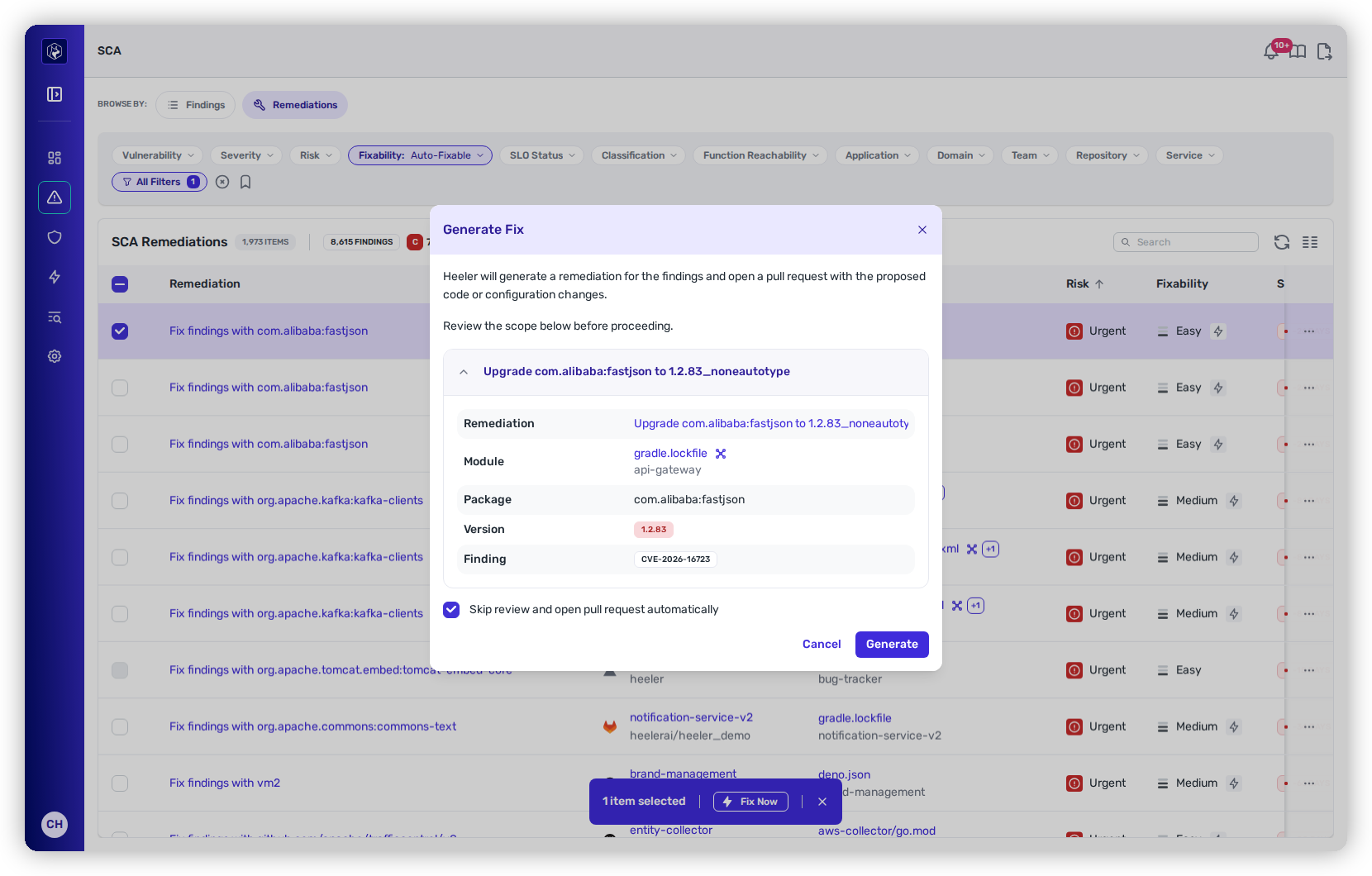 The Generate Fix dialog with per-remediation scope cards and PR options.
