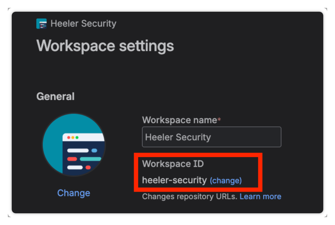 Bitbucket workspace settings showing the Workspace ID.