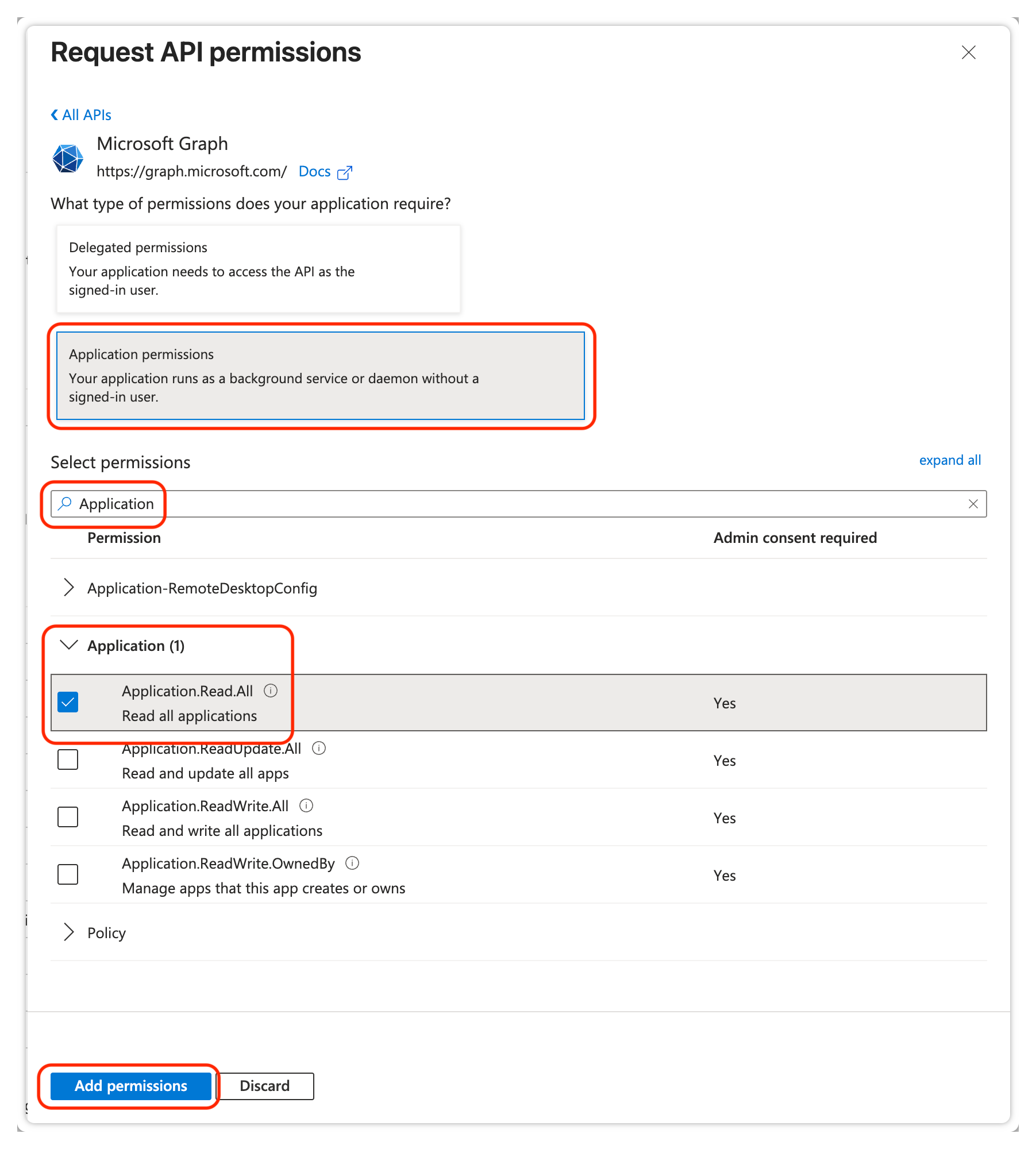 Selecting the Application.Read.All application permission for Microsoft Graph.
