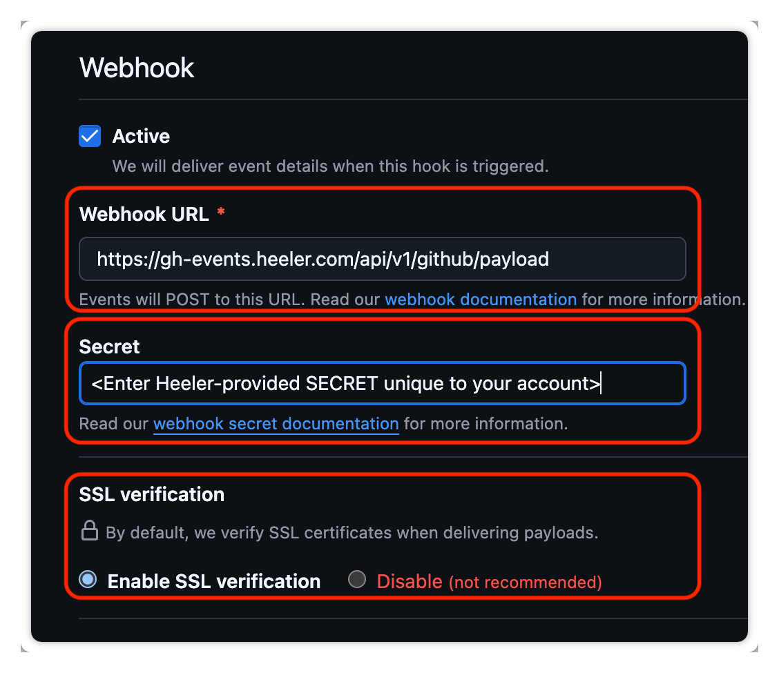 The GitHub App webhook settings: webhook URL, secret, and SSL verification enabled.