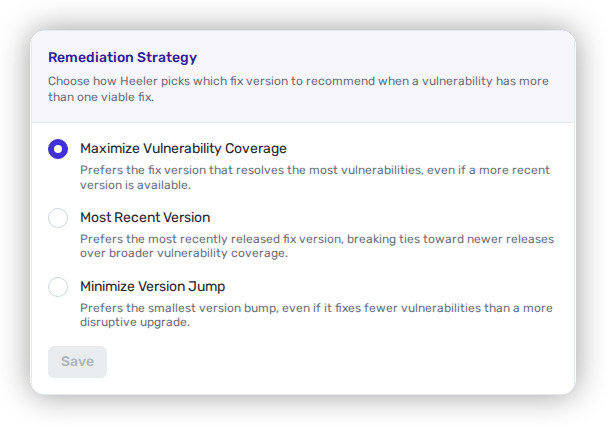The Remediation Strategy card with Maximize Vulnerability Coverage, Most Recent Version and Minimize Version Jump options.