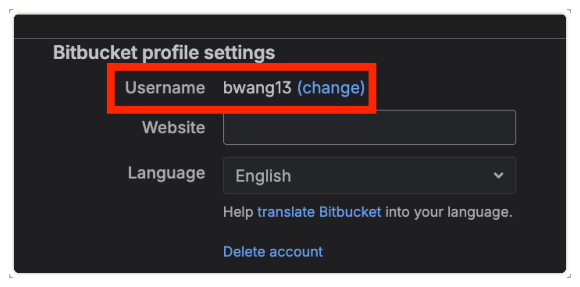 Bitbucket profile settings showing the username.