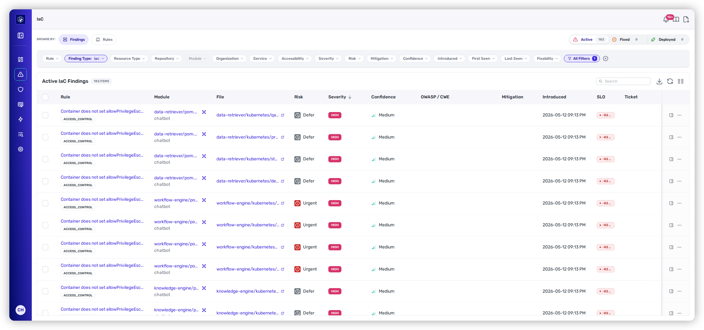 The Active IaC Findings view, with the Browse By pills, the lifecycle counts, the filter toolbar, and one row per misconfiguration.