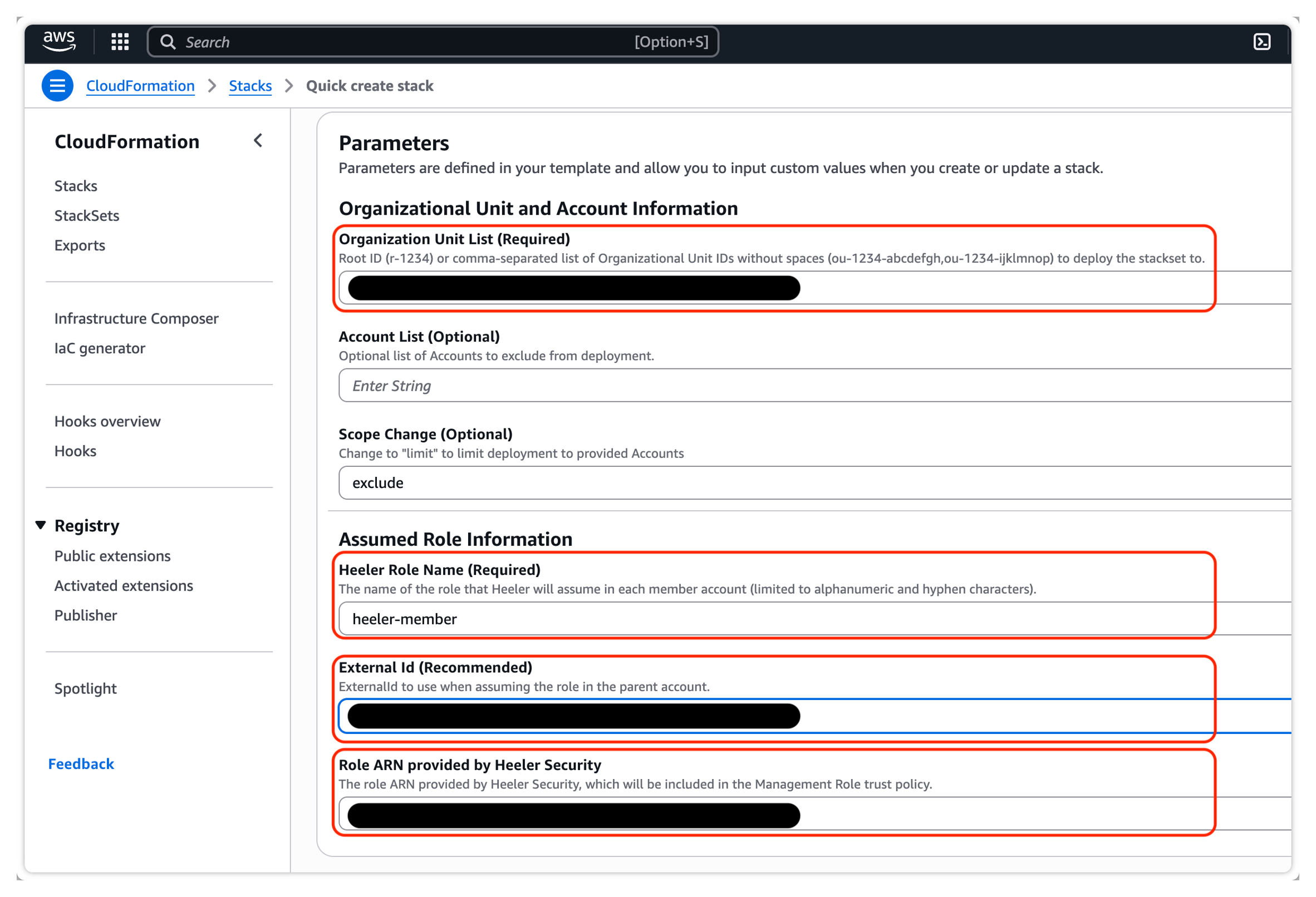 The CloudFormation Parameters form showing Organization Unit List, Account List, Scope Change, Heeler Role Name (heeler-member), External Id, and Role ARN provided by Heeler Security.