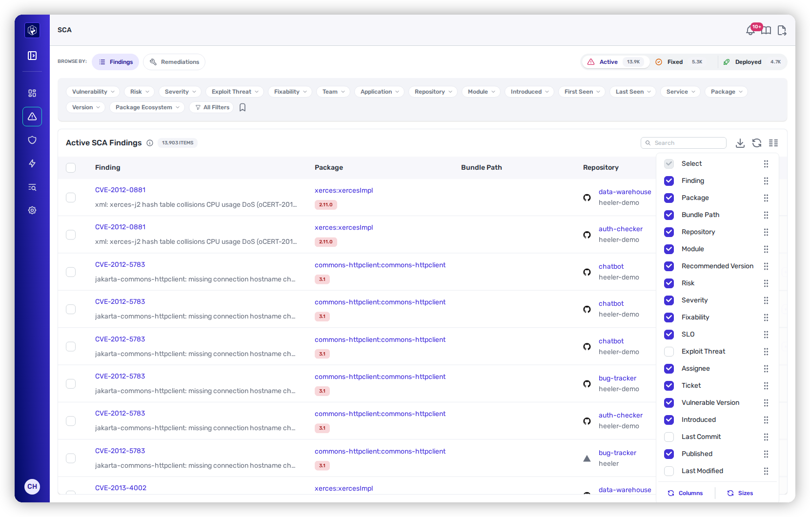 The Manage Columns panel with visibility checkboxes and drag handles.