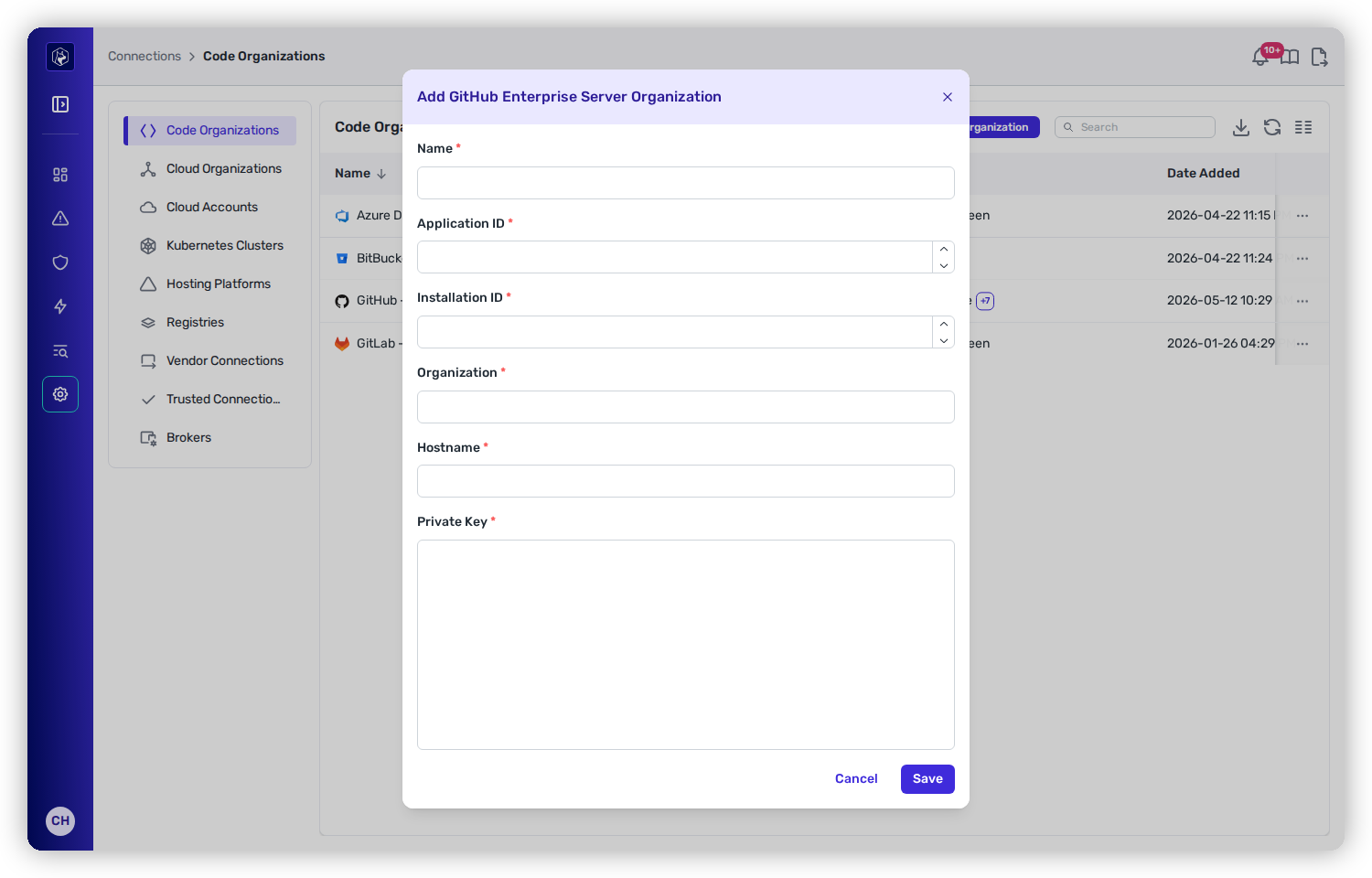 The Add GitHub Enterprise Server Organization modal with fields for Name, Application ID, Installation ID, Organization, Hostname, and Private Key.