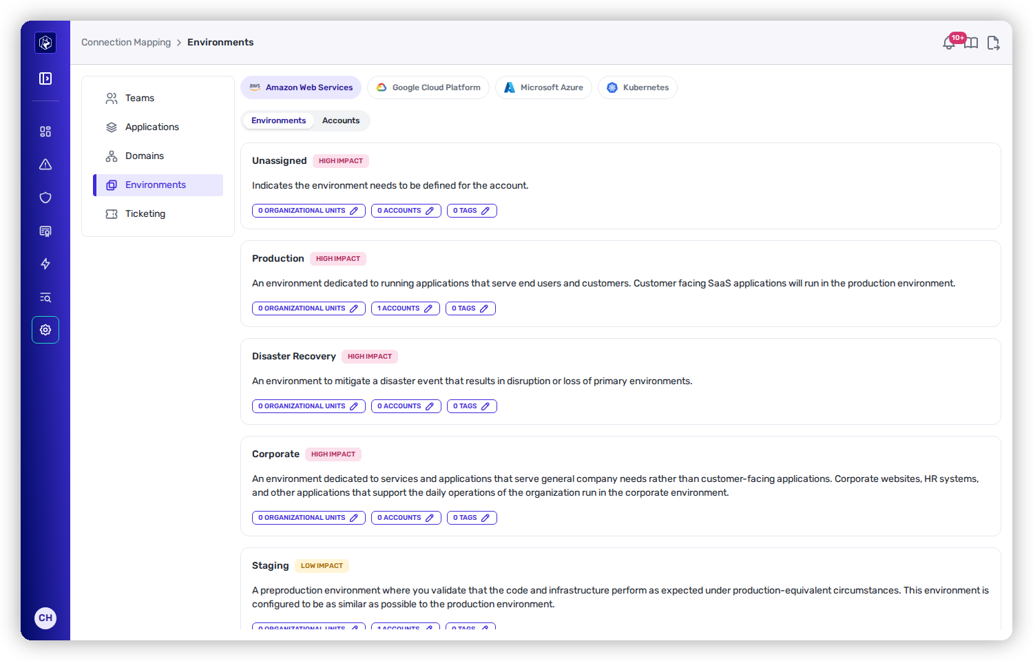 The Environments page with provider tabs for AWS, GCP, Azure, and Kubernetes, showing environment cards like Production and Corporate labeled HIGH IMPACT with counts of organizational units, accounts, and tags.