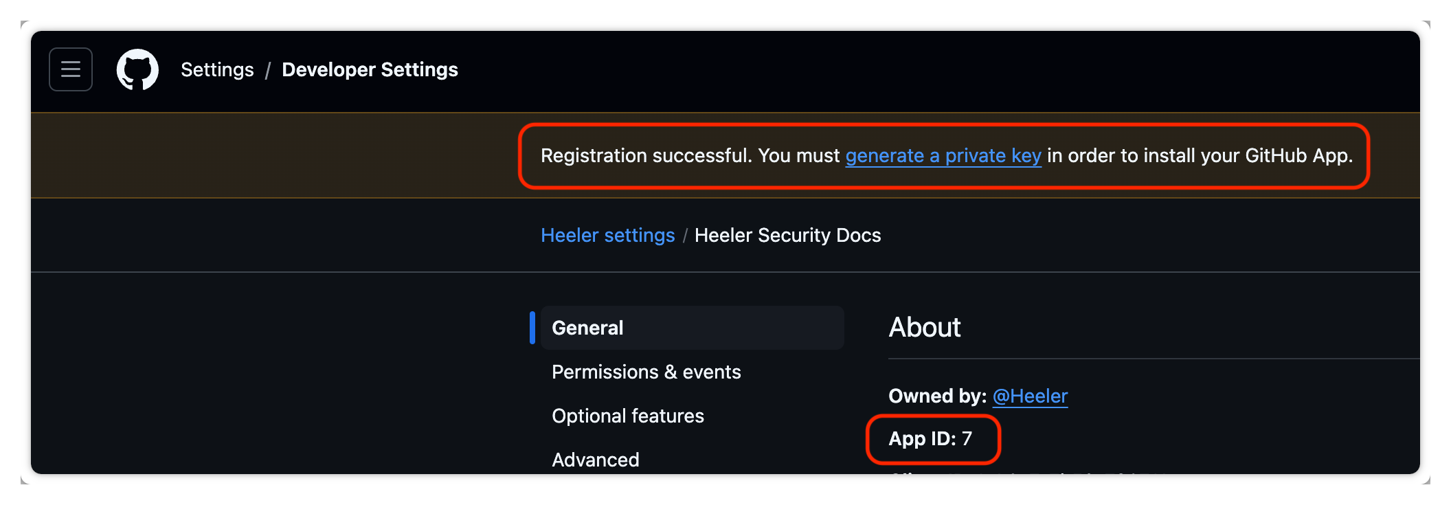 The created GitHub App page showing the App ID and a link to generate a private key.