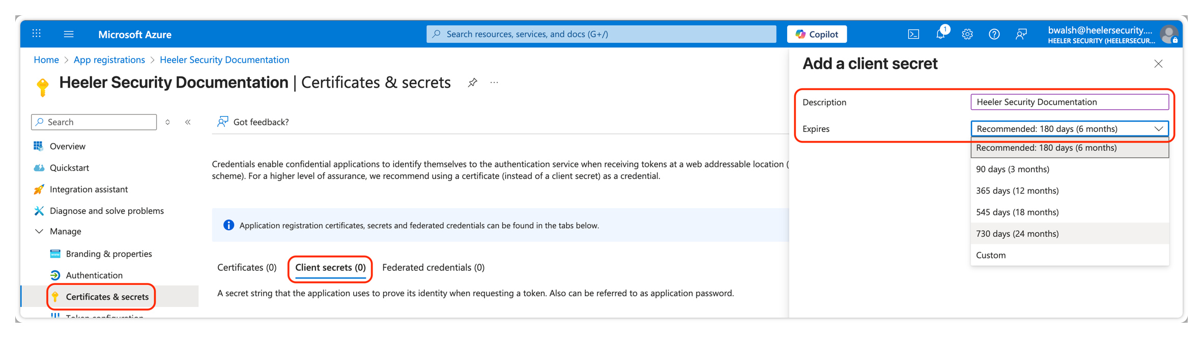 Adding a client secret under Certificates & secrets with a description and expiration.