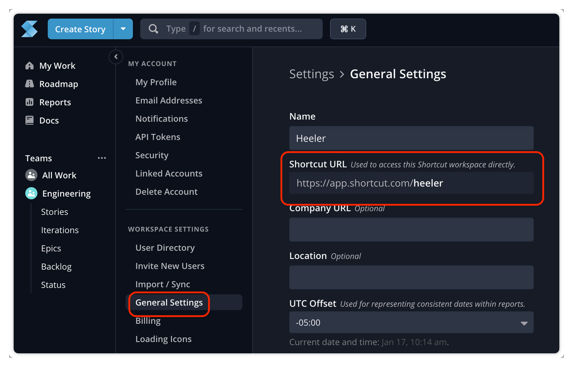 Shortcut General Settings showing the workspace URL.