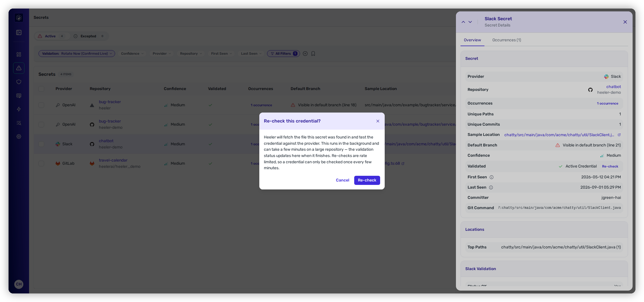 The Re-check confirmation dialog over a Slack secret's detail tray, explaining that Heeler will fetch the file and test the credential against the provider in the background.