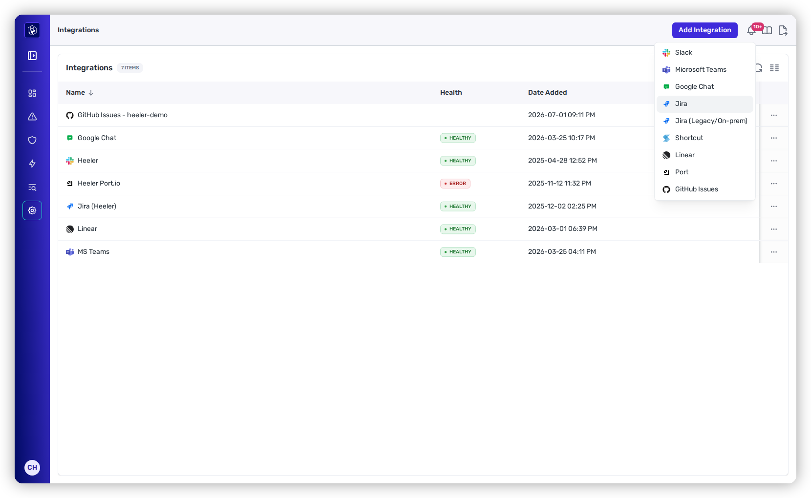 The Add Integration menu in Heeler with Jira selected.