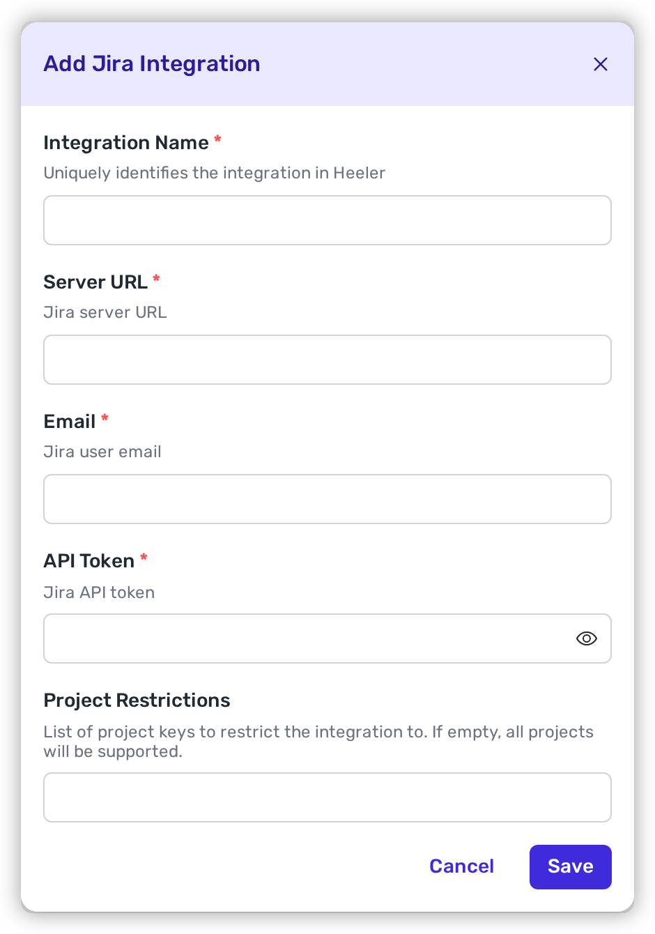The Add Jira Integration modal with Integration Name, Server URL, Email, API Token, and Project Restrictions fields.