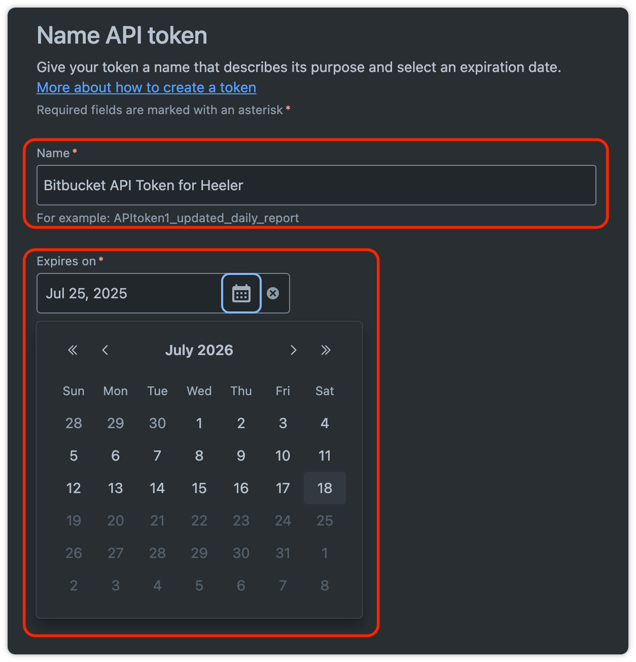 Setting the API token expiration date one year out.
